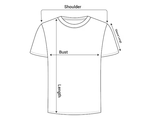 Diagram showing where to measure shoulder, length, sleeve and bust on a flat tee