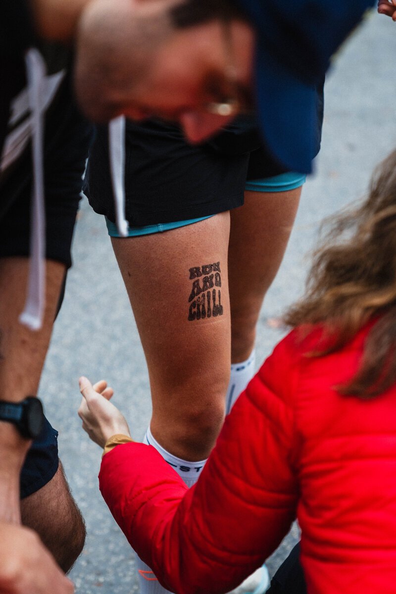 Race morning. The logo goes on before the bib does.