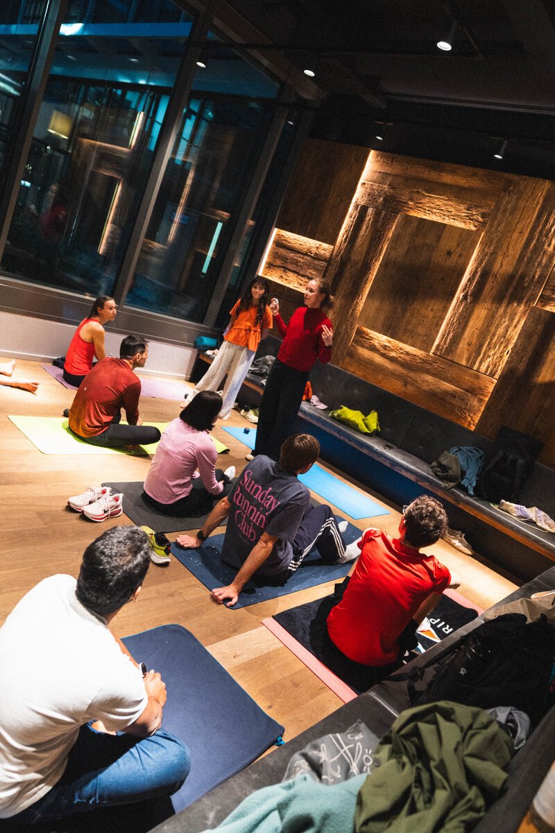 Breathwork and fascia release, a few hours after the finish line.