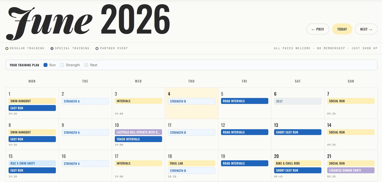 Your training plan shown day-by-day in the Run and Chill schedule calendar